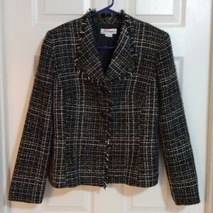 Vintage Dressbarn Tweed Knit Fringe Plaid Blazer
